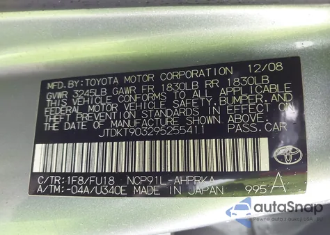 2009 Toyota Yaris from USA, damaged, VIN JTDKT903295255411